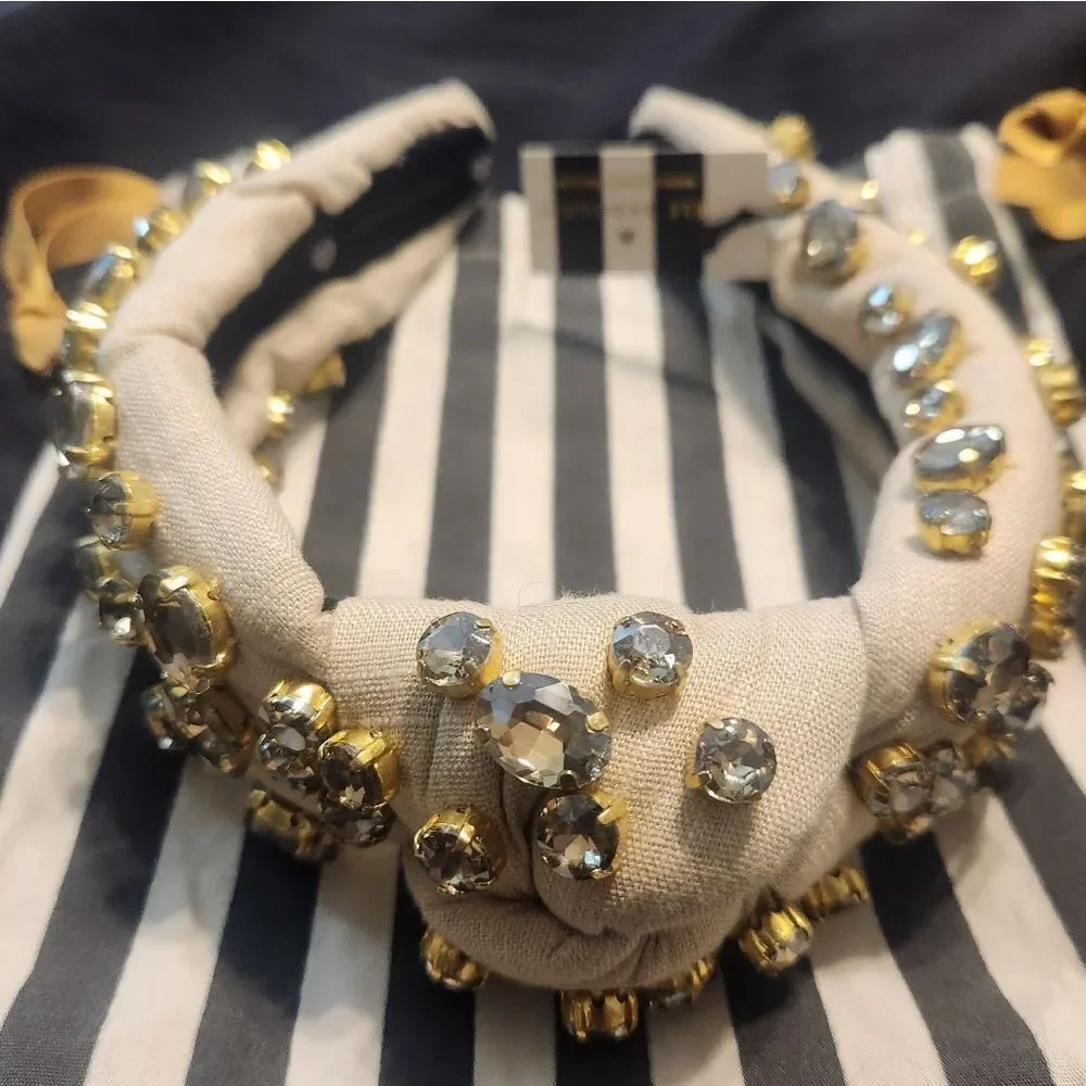 New Lele Sadoughi Natural Embellished Linen Knotted Headband